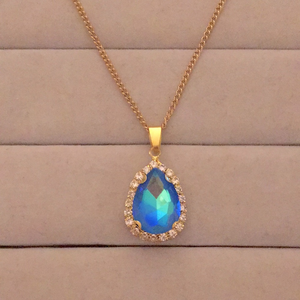 Sapphire Aurora Borealis + Gold Crystal Halo Drop Pendant Necklace - Picture 7 of 7